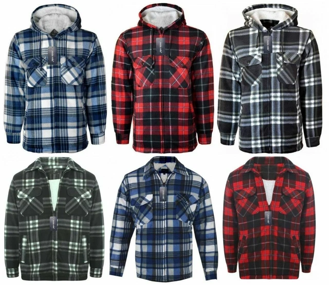 Mens Lumberjack Sherpa Fur Fleece Lined Hoodie Jacket Hooded Work Padded Shirt