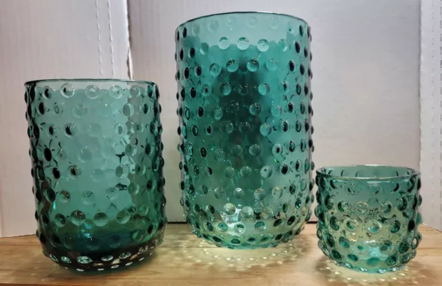 Set Of 3 - Vintage Teal Blue Hobnail Art Glass Flower Vase Desk Shelf Decor