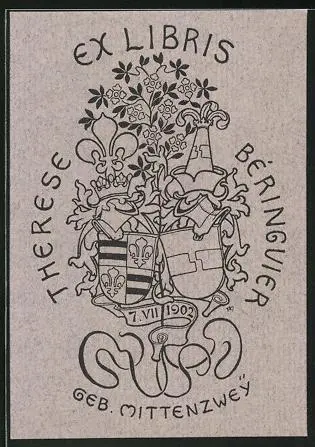 Exlibris Therese Beringuier Geb. Mittenzwey, Wappen mit Ritterhelm & Lilie, Blu