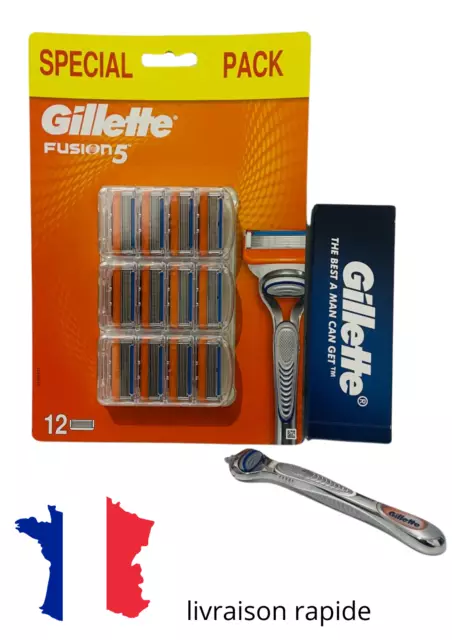 ✅  PACK DE 12 LAME Gillette Fusion5 lot 12 Lames de Rasoir  + Manche à Rasoir