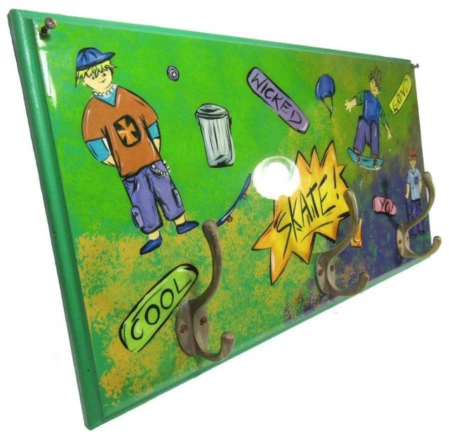 Skate Board 3 Brass Hook Hat Coat Rack 54 x 29cm Hand Painted Gypsy Creations