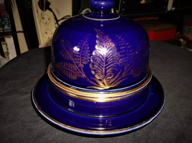 Unusual Small Size Deep Cobalt Blue Gilded Pottery Cheese Platter & Dome