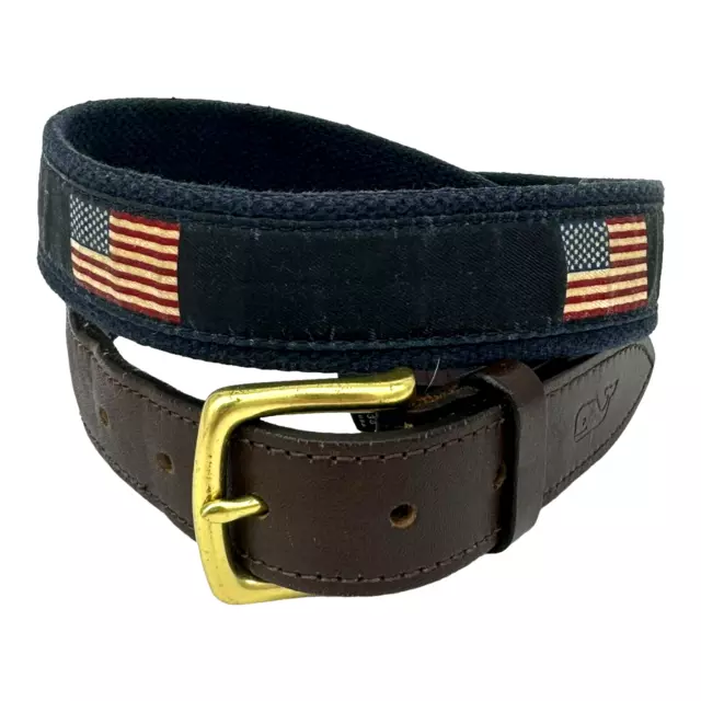 Vineyard Vines American Flag Blue Cotton Brown Leather Belt Brass Mens Size 34