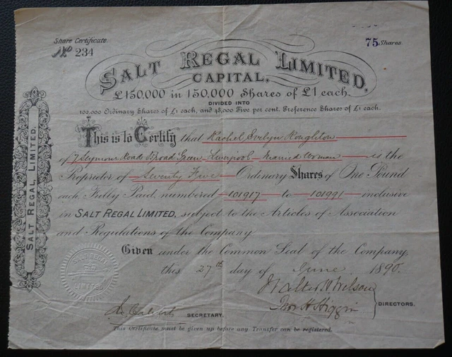 Salt Regal Ltd., of Liverpool, certificate for 75 shares dated 1890 -