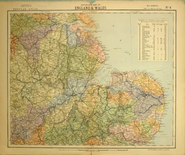 1883 Letts Map North East England & Wales Lincoln Northampton Huntingdon Norfolk