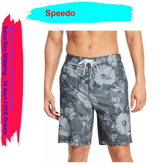 Speedo Men's Floral UPF 50+ 9" Swim Board Shorts, Gray,M