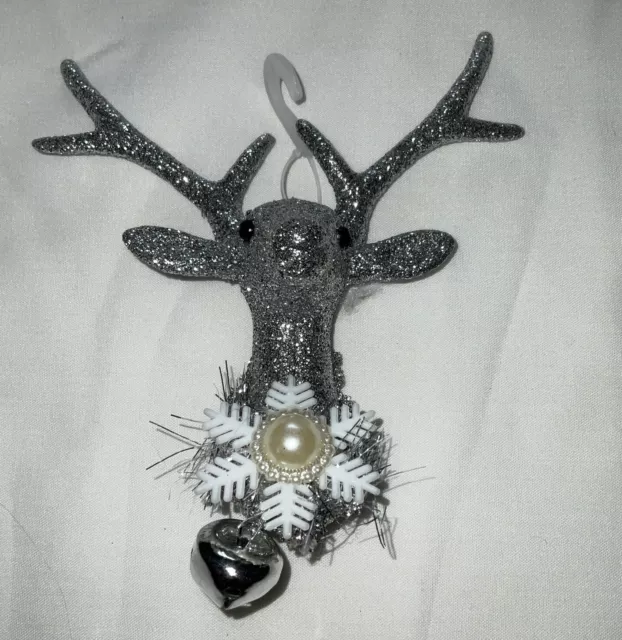 Holiday Time Glittery Silver  Reindeer Christmas Ornament 6”
