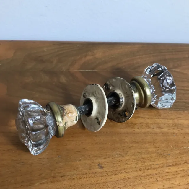 Vintage Antique 12 Point Crystal Door Knob Set With Brass Spindle