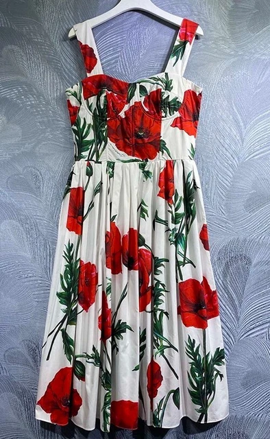 100% Cotton Italian DG Poppy Flowers White Bustier Midi Dress S M L XL 6 8 10 12 100% Cotton Italian DG Poppy Flowers White Bustier Midi Dress S M L XL 6 8 10 12