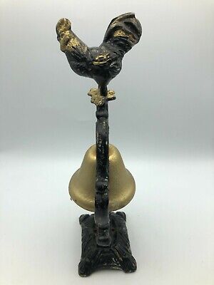 Vtg Painted Cast Iron Chicken Rooster Table Top Dinner Bell Stand Distressed
