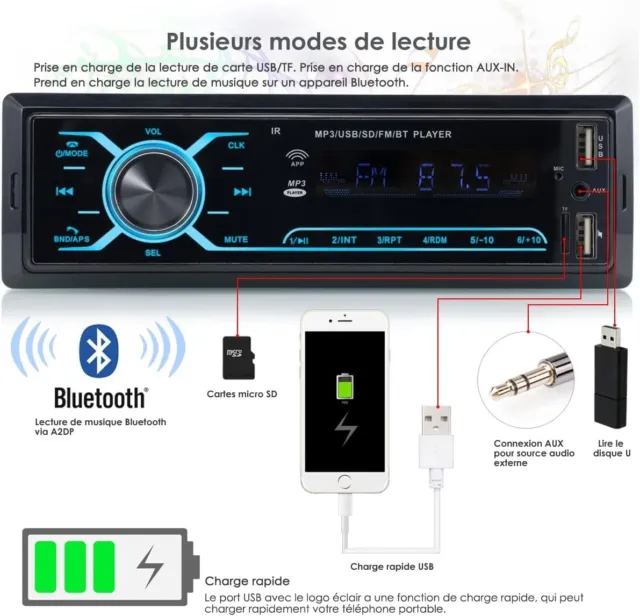 IEGEEK Autoradio Bluetooth, 1 Din Poste Radio Voiture, 7 Couleurs d  'éclairage FM/AM/MP3/SD/USB Multimédia Player + Télécommande