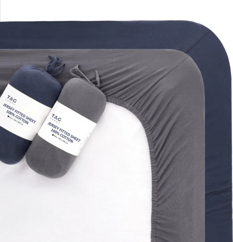 Tag Frottee 100 % Baumwolle einzelnes Spannbettlaken | 2er-Pack, einzeln, grau & blau