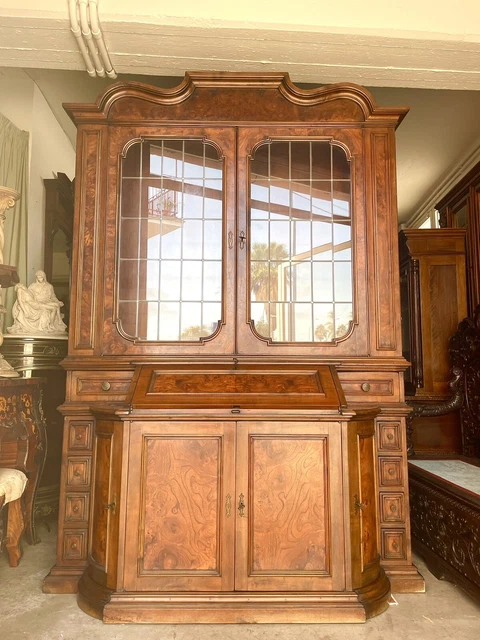 Antigua Biblioteca Doble Cuerpo Carlo X Madera Nuez 1890 Secretaire Primer Plano