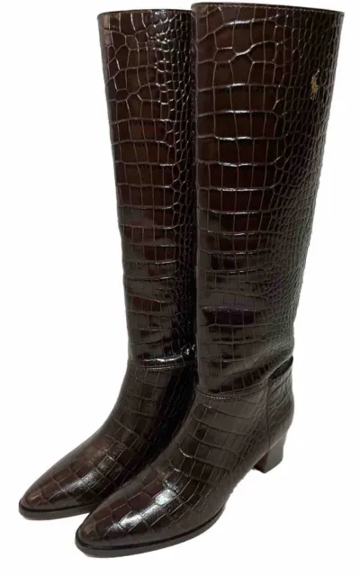 Ralph Lauren  Dark Brown Leather Italy Tall Riding Boot Crocodile Womens Size 6B