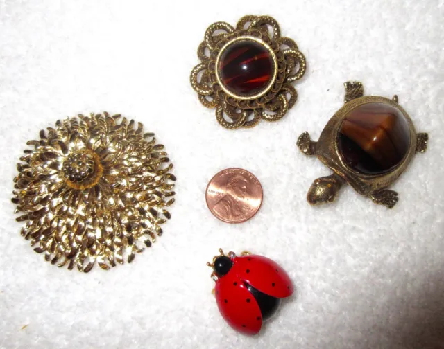 Vintage 4 Brooch Originals Robert Turtle Monet Chrysanthemum Ladybug --Superb! 2