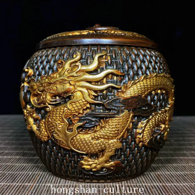 3,9" ancien bocal en pot en bronze pur doré de la dynastie Dragon Phoenix