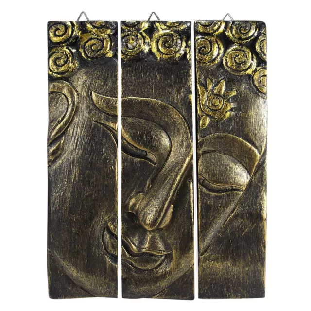 Golden Buddha Face Three-Panel Hand carved Wood Wall Art 8"x10"