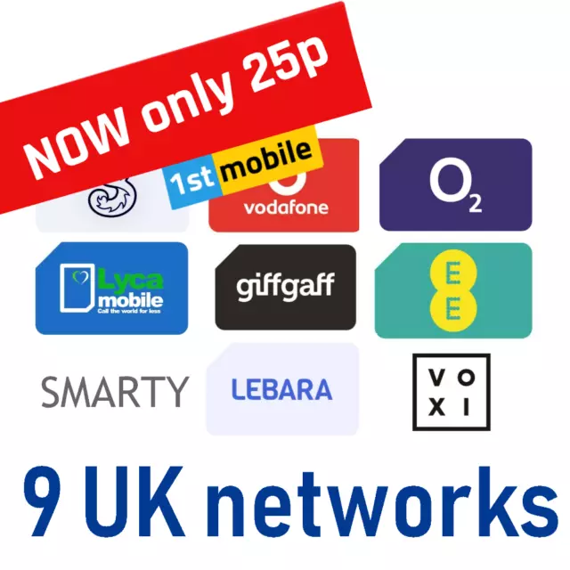 UK SIM CARDS 25p, Pay As You Go VODAFONE O2 EE GIFFGAFF THREE LEBARA VOXI