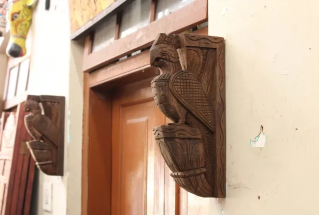 Peacock Statue Wall Bracket Pair Wooden Corbel Bird Sculpture Home Decor Vintage