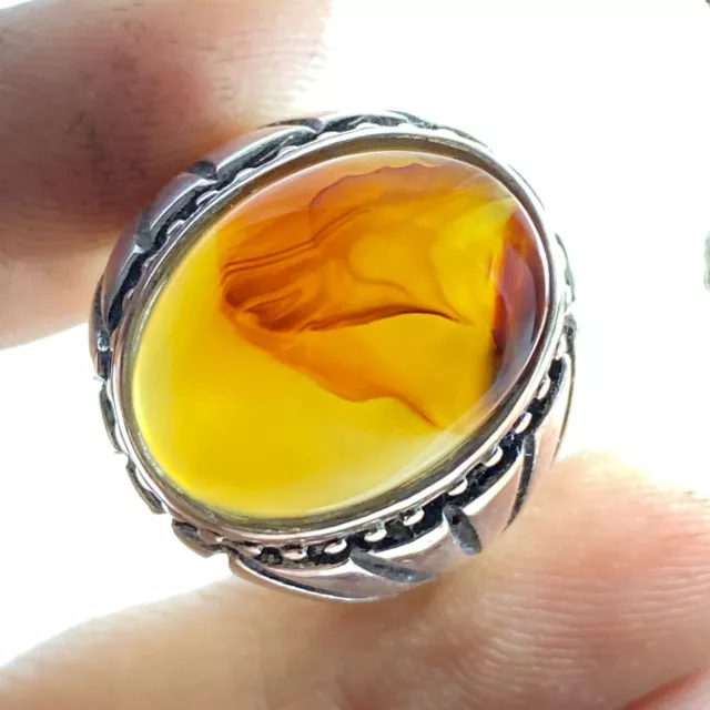925 sterling Silver men's ring Natural Yemen Agate Aqeeq عقيق مصور يماني