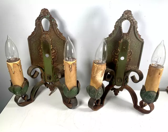 Vtg Pair Cast Iron Wall Sconce Lamps Light Fixture Candles Deco Gothic Lincoln