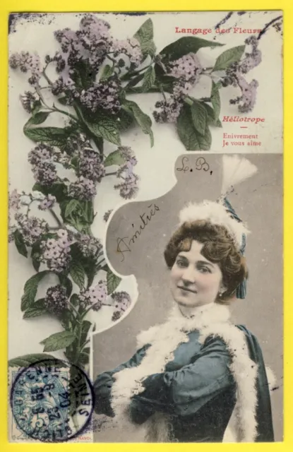 cpa BERGERET & cie à NANCY Ecrite en 1904 FEMME Langage des FLEURS "HÉLIOTROPE"