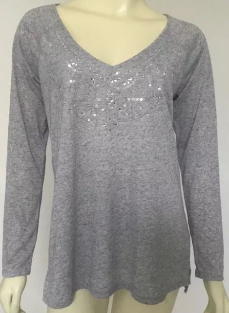 Womens Juicy Couture Gray Embellished Long Sleeve Pullover V Neck knit Top M