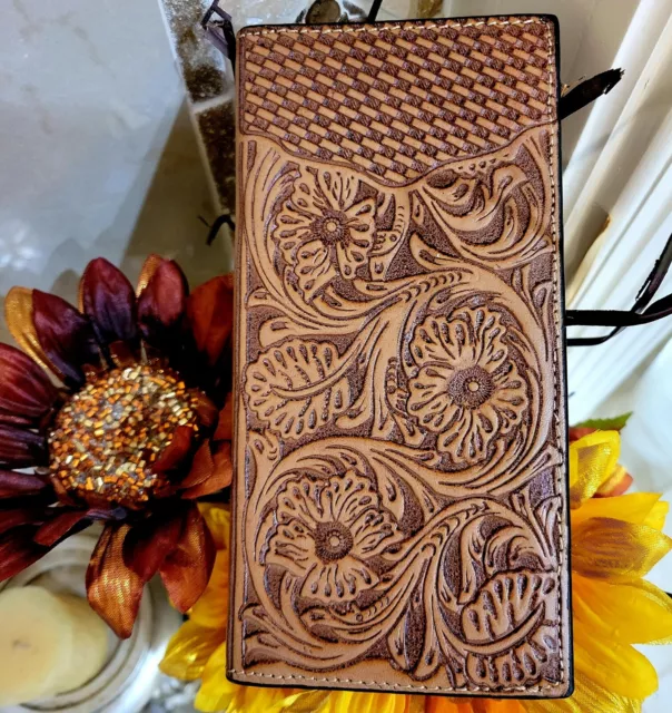 Western wallet Genuine Leather hand tooled Cowboy Rodeo Long Bifold Checkbook