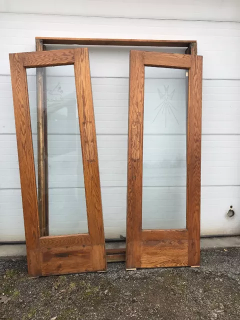 Pair Antique Oak Double Door Holy Spirit Etched 62 X 88.5 X5.75
