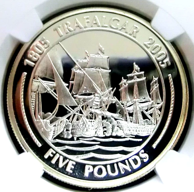 NGC PF69 UltraCameo-Gibraltar 2005 Trafalgar Ships Silver £5 Almost Perfect PF