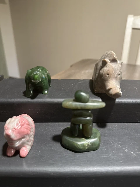 Vintage Tiny Carved Stone Figurines. Including Jade Bear, Jade Inukshuk