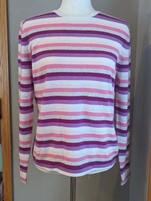 Vintage Pink Purple White Striped Cashmere Sweater Size Medium Marshall Fields