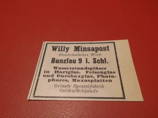 Willy Minsapost Bunzlau Schlesien Glastechnisches Werk  :Werbeanzeige 1929