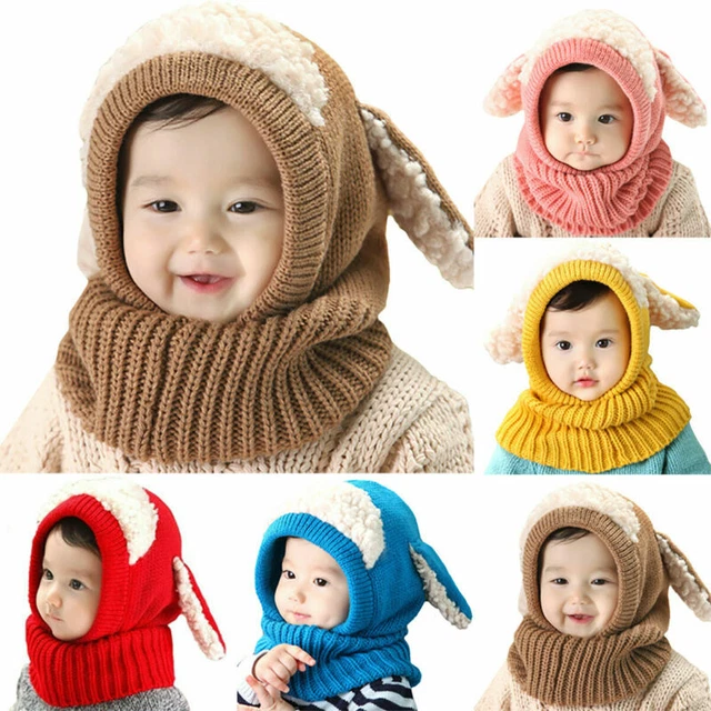 Babys Winter Warm Earflap Knitted Hat Cute Girls Boys Hooded Scarf Toddler Caps
