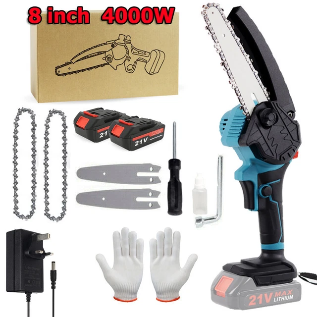 2 BATTERIES 8'' 4000W Mini Cordless Chainsaw Electric One-Hand Saw Wood ...