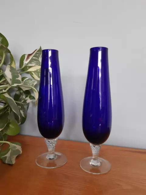 Pair of Vintage Cobalt Blue Glass Vase Fluted  Footed Bud Flower Vase