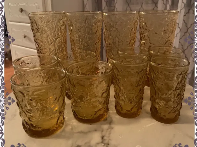 Anchor Hocking Amber Vintage Lido Milano Crinkle juice Drinking Glasses 12 Pcs