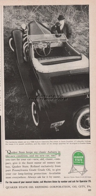 1960 Quaker State Oil 1936 Auburn Cabriolet Denis Drysdale Lafayette Indiana ad