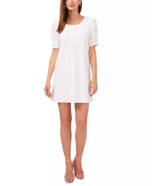 MSK Women's Eyelet Ruched Sleeve Shift Dress White Size Petite Medium