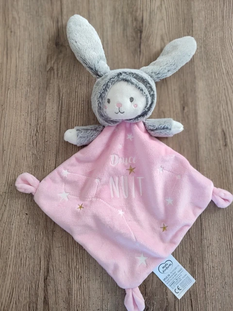Doudou Plat MOTS D'ENFANTS Ours Déguisé en Lapin Rose Blanc Gris Douce Nuit