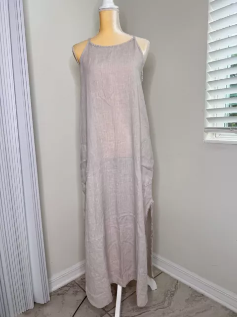 Laura Bianchi 100% Linen Maxi Dress Sleeveless Beige Sz M Side Slit Italy Made