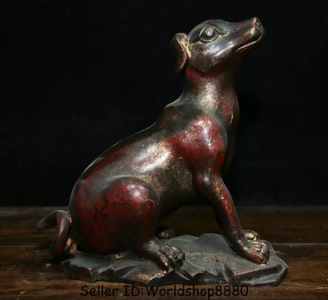 7.4" Old Chinese Red Bronze Folk Feng Shui Zodiac Animal Dog Wealth Lucky Statue