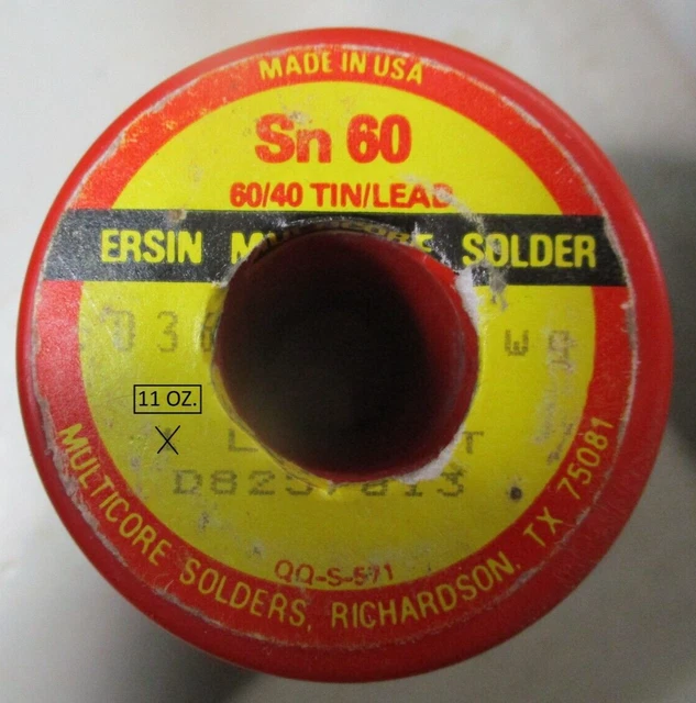 ERSIN MULTICORE SOLDERS QQ-S-571 Sn60 60/40 TIN/LEAD DIA .036in D825/813 11oz