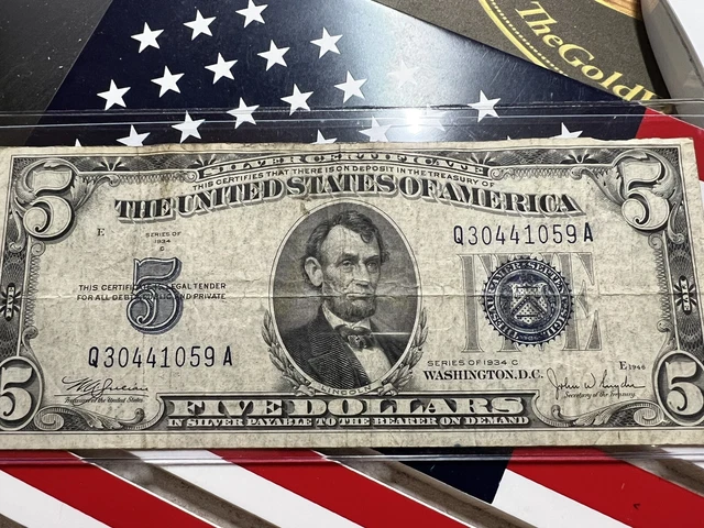 1934 C $5 Five Dollar Bill Silver Certificates Blue Seal Note Q30441059A
