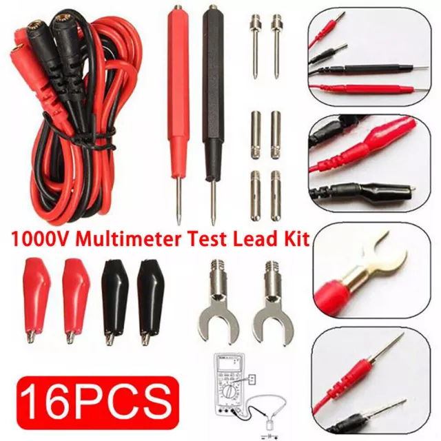 16Pcs/Set Digital Multimeter Probe Test Lead Kit Cable Alligator Clip Needle Tip