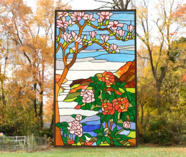 20.5" x 34.25"  Handcrafted stained glass Jeweled window panel Cherry Blossom