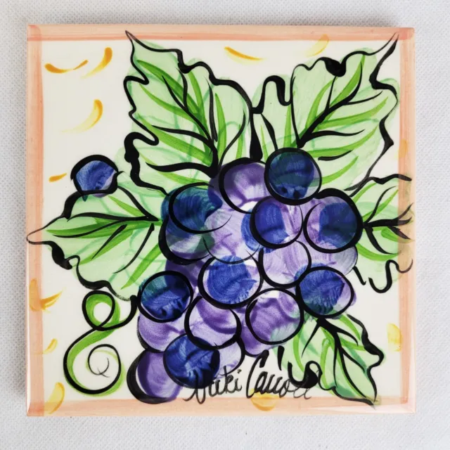 Vicki Carroll Hand Painted Pottery Tile Trivet Grapes & Signed Square 6" X 6"