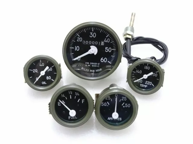 New Willys Jeep Green Bezel Speedometer,Temp,Oil,Fuel,Amp Gauges Set#G497 @Vt