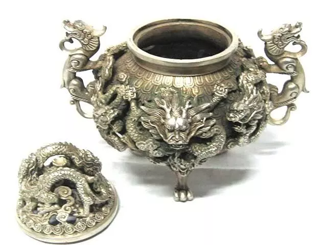 Antique Tibet silver nine dragon censer Old stamp tripod Incense Burner Statue 2