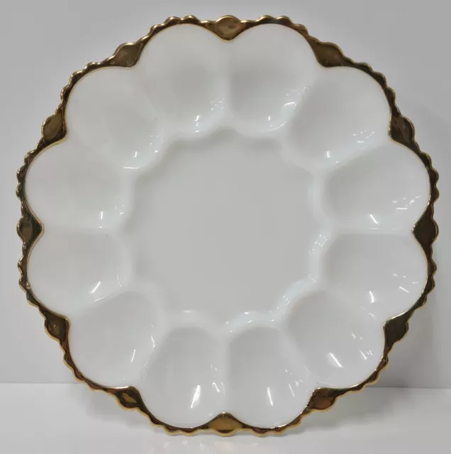 Anchor Hocking Round Deviled Egg Milk Glass Platter Gold Rim Vintage VGC